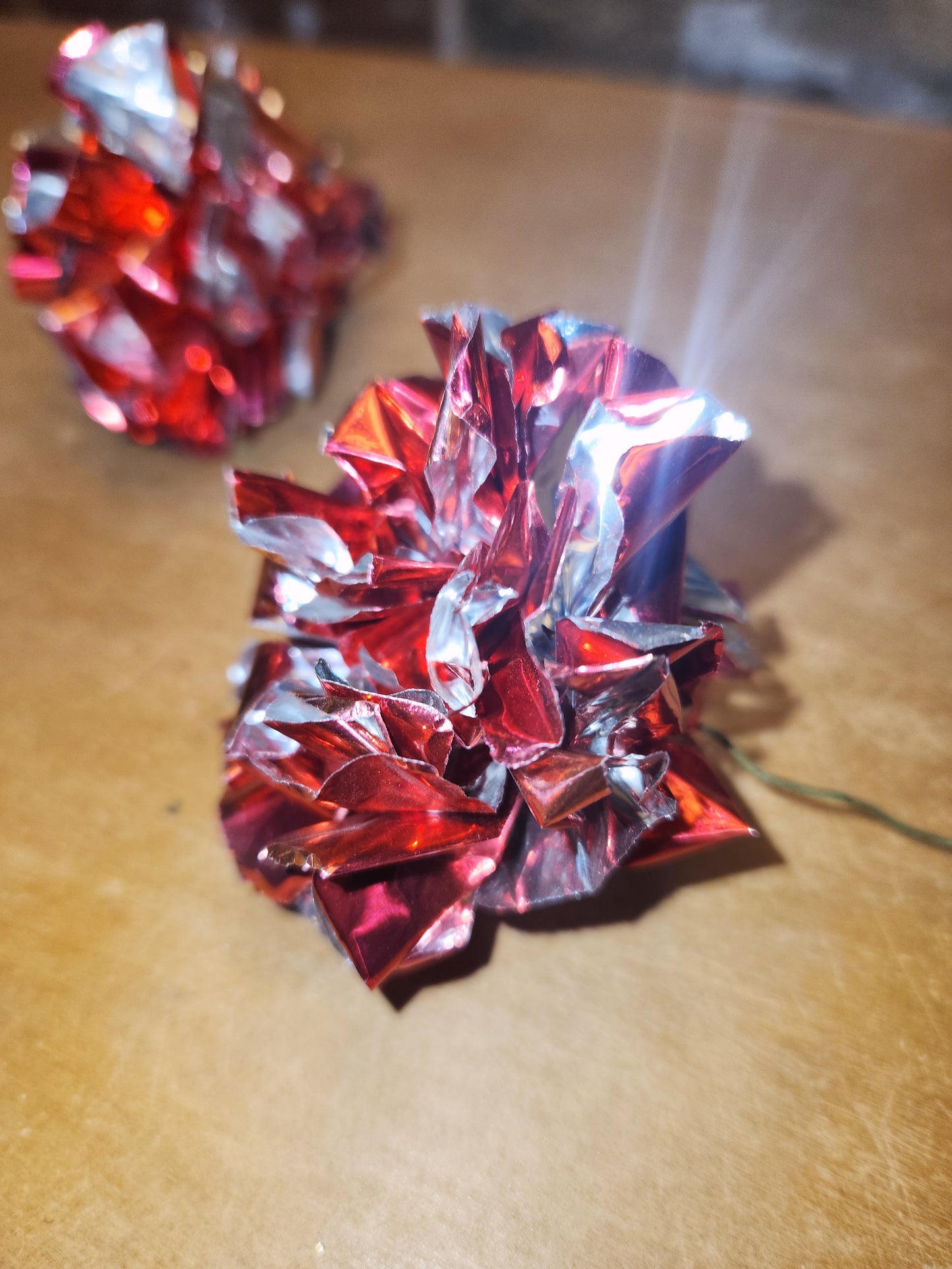 Vintage Crinkle Ball Ornaments or Picks Set of 3 Pinkish Red and Green vo21