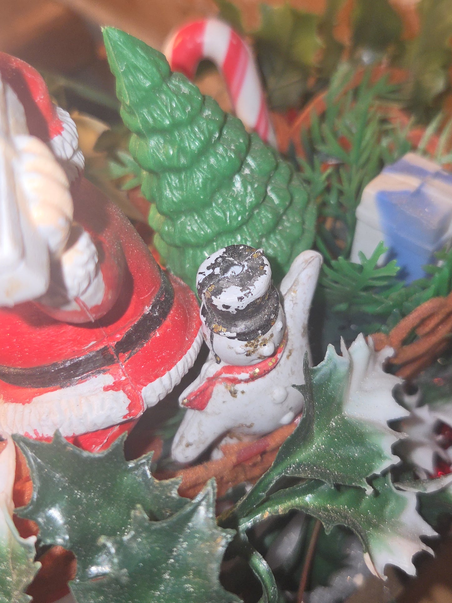Assemblage With Vintage Blow Mold Santa and Reindeer Flocked Sleigh va98
