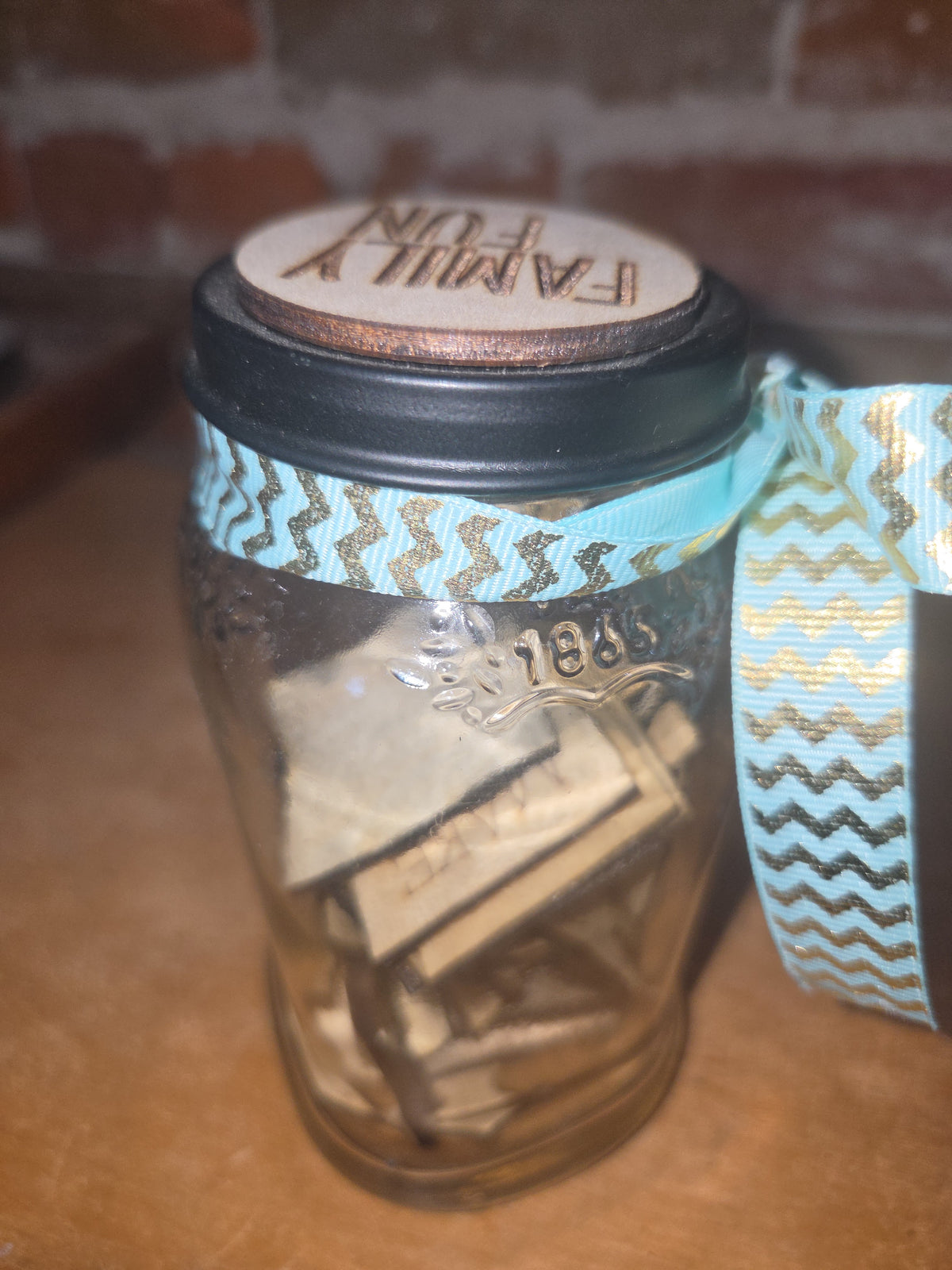 Family Fun Jar Pick an Activity with Sea Foam Gold Ribbon ffj6