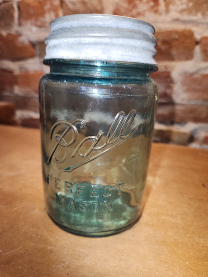 Vintage Ball Perfect Mason Glass Pint Jar #1 Aqua Blue Zinc Ball Lid bl1