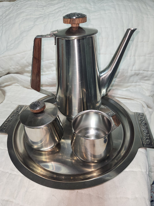 Vintage Stainless Tea Set International Decorator 18-8 pot sugar bowl creamer tray ss298
