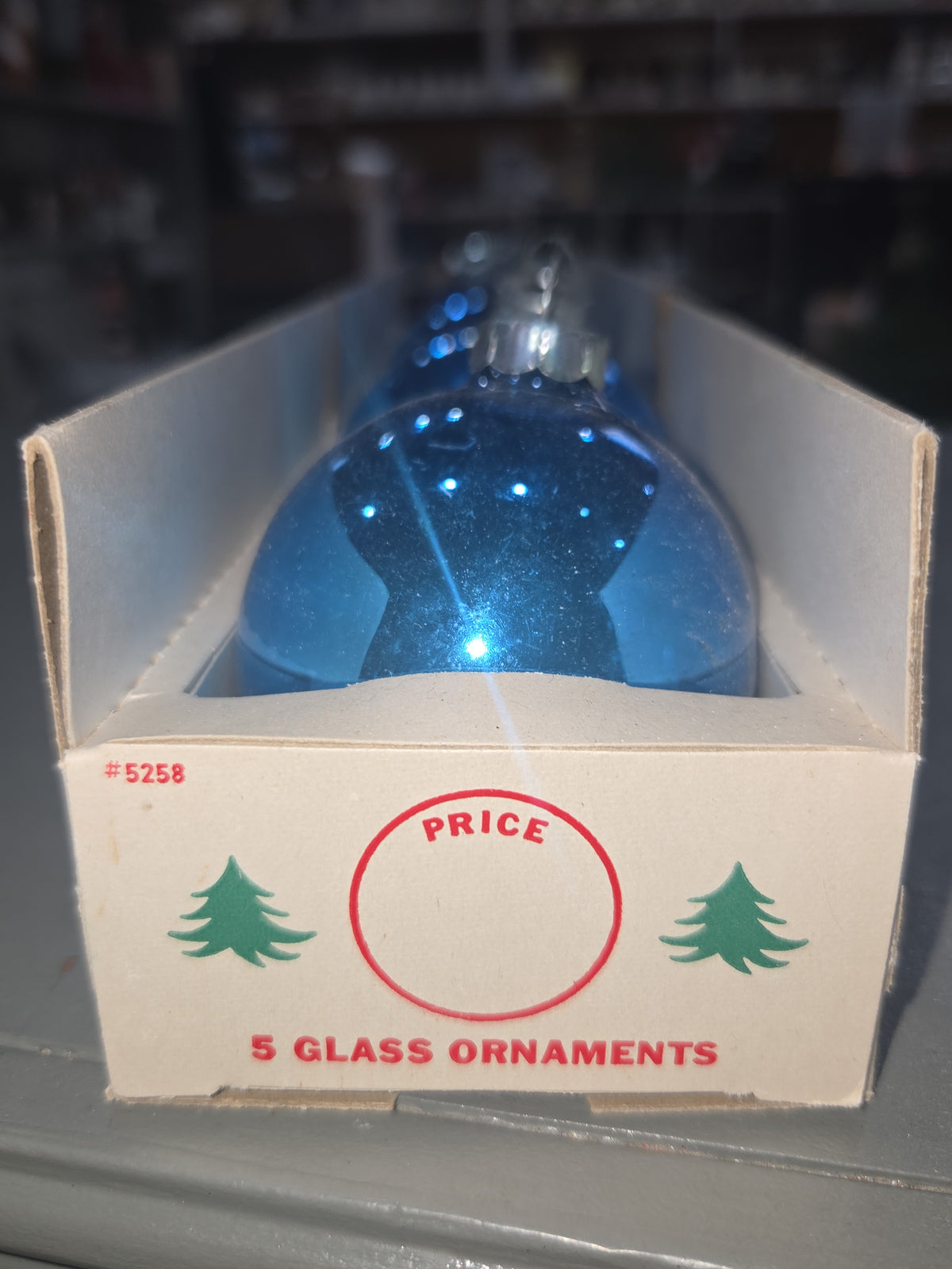 Vintage Shiny Brite Glass Christmas Ornaments Five 3" Blue Shades in Fanci-Pak Box As Is sb10