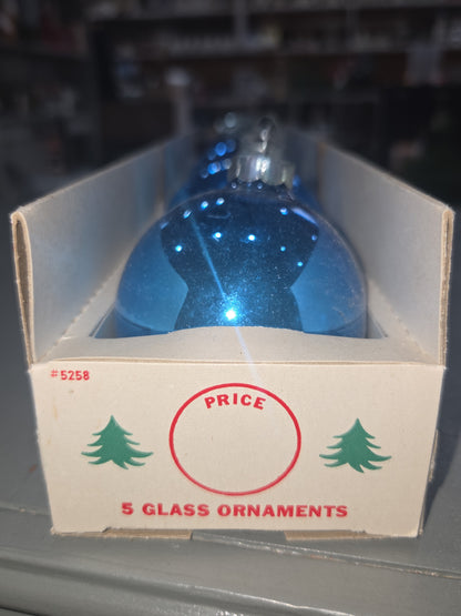 Vintage Shiny Brite Glass Christmas Ornaments Five 3" Blue Shades in Fanci-Pak Box As Is sb10
