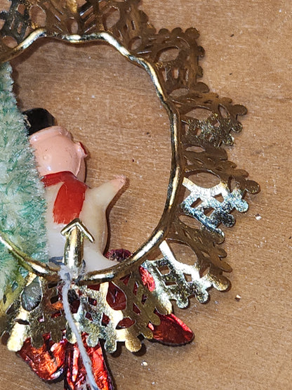 Vintage Commodore Ornament with Celluloid Snowman Chinelle Tree Plastic Bow sm17