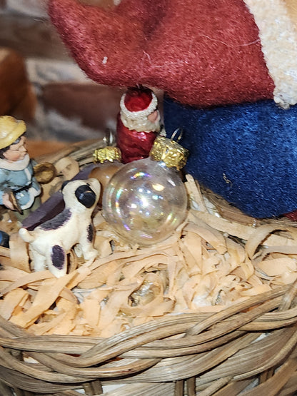 Vintage Bethany Lowe Santa Claus Wearing Wool in a Woven Sleigh With Toys AS IS s90