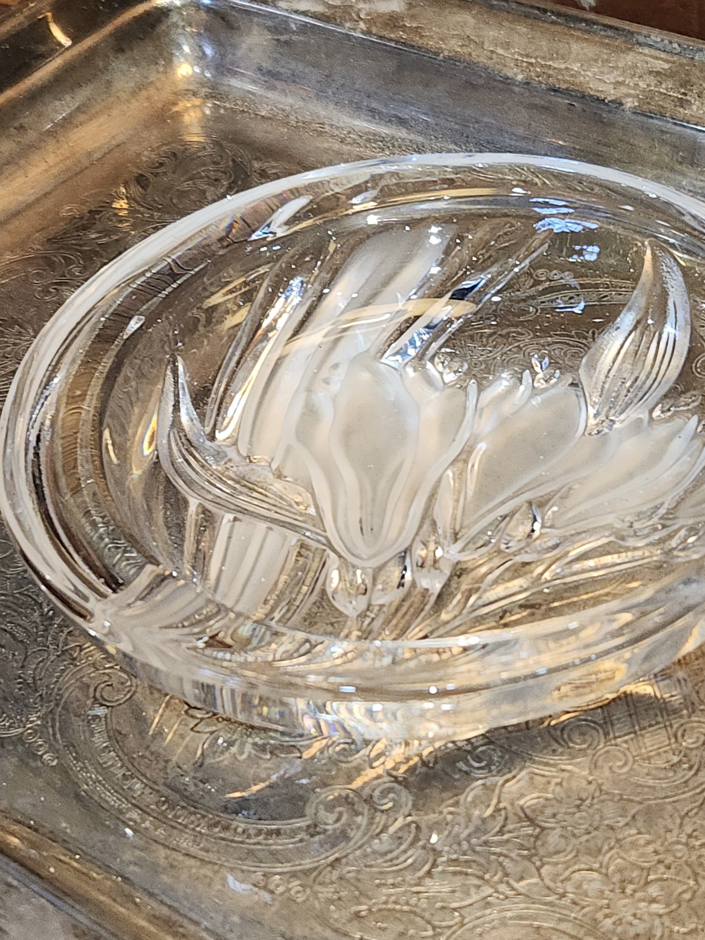 Vintage Mikasa Pressed Glass Parisian Iris Candy Dish Flowers Clear and Frosted gl08