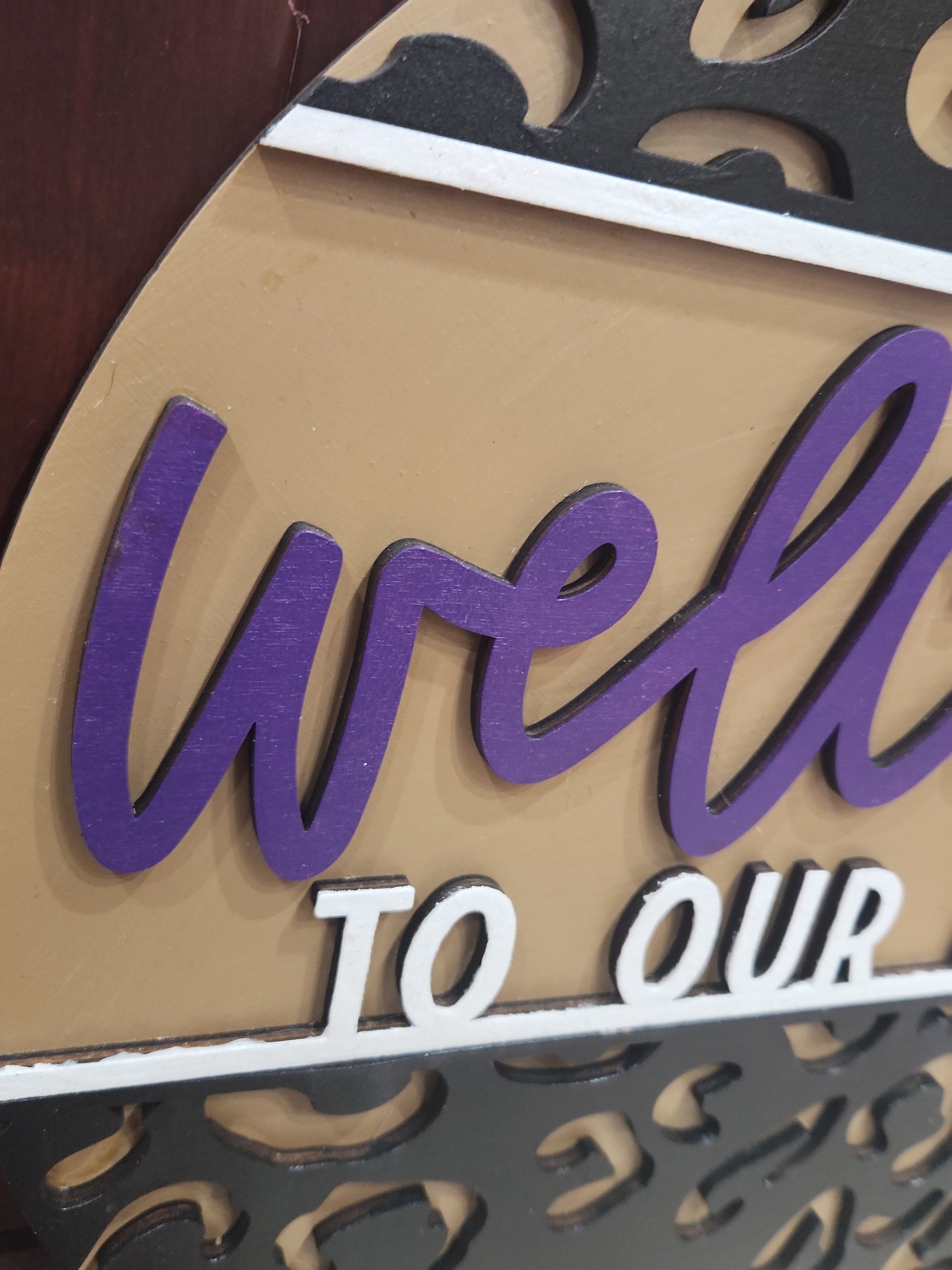 Door Sign 16" Handpainted Leopard Print Welcome to our Home purple black white tan CLEARANCE ds9