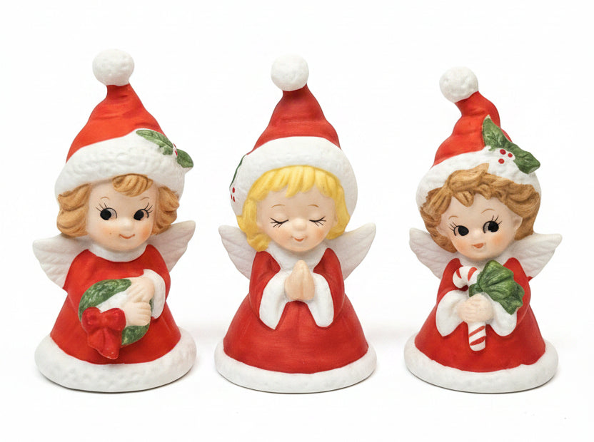Vintage Lefton Petite Angel Girl Bell Figurines Set of 3. Praying Angel Signed.