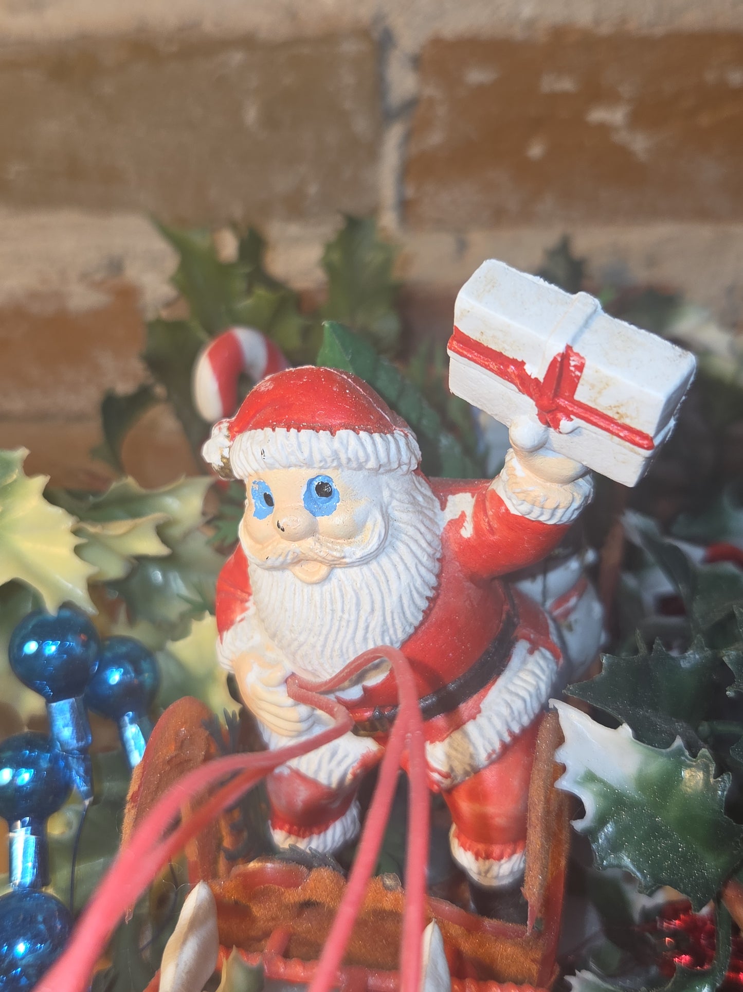 Assemblage With Vintage Blow Mold Santa and Reindeer Flocked Sleigh va98