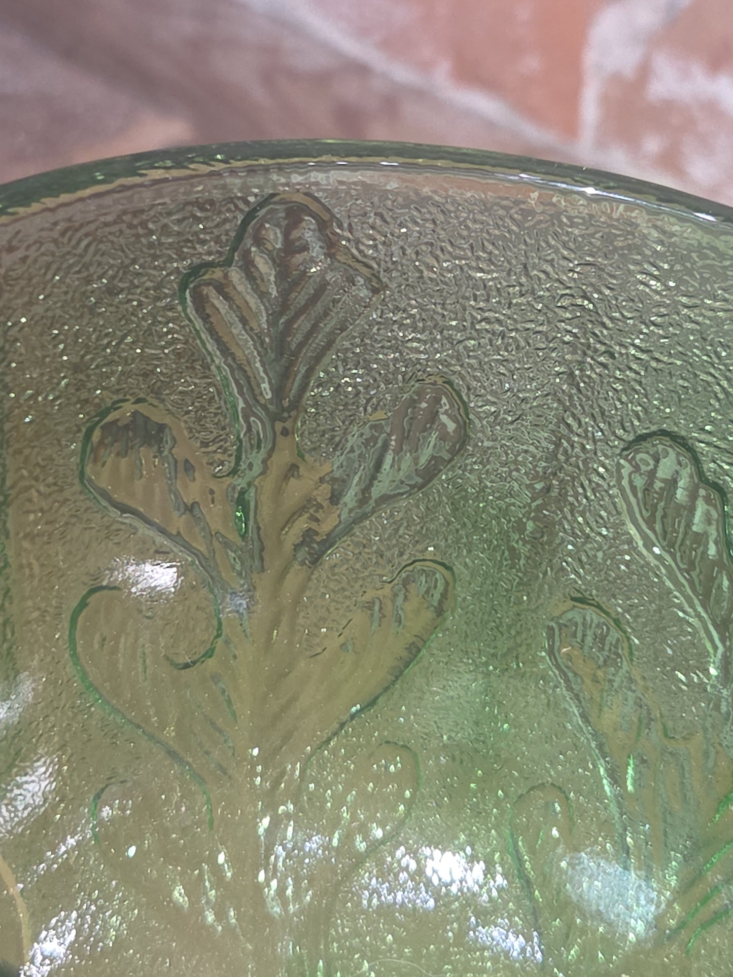 Vintage Vase FTD 1975 Green Glass Goblet Vase with Pedestal Floral Arranging Leaf Pattern Pl75