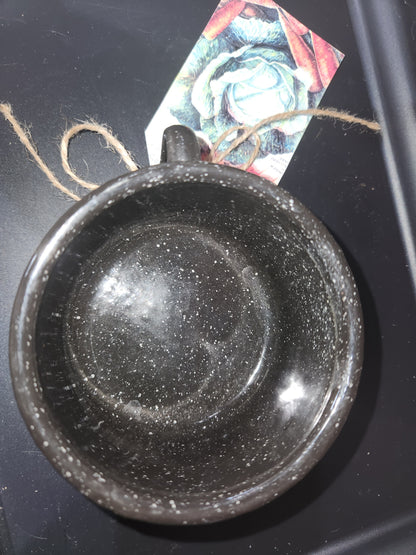 Vintage or vintage looking Black Enameled Cup with White speckles enm3