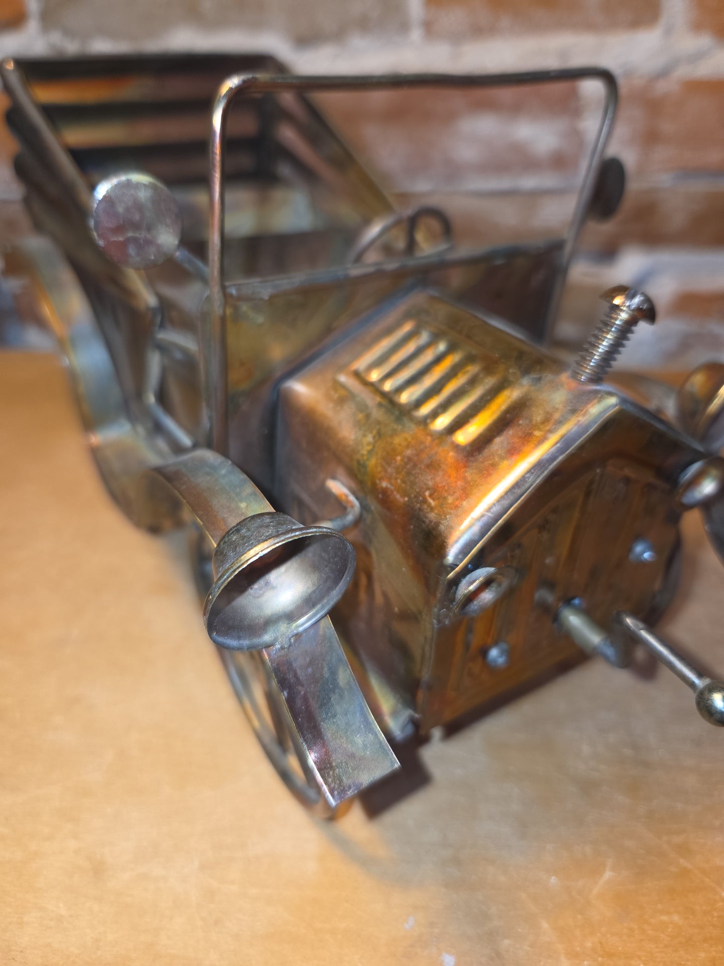 Vintage Copper Tin Jalopy Wind Up Music Box King of the Road Hong Kong car41