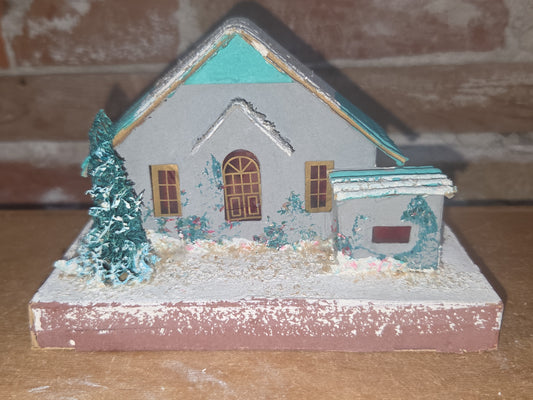 Vintage Putz House with Tree and Shed Made in Japan Grey and Green Read Description ptz1