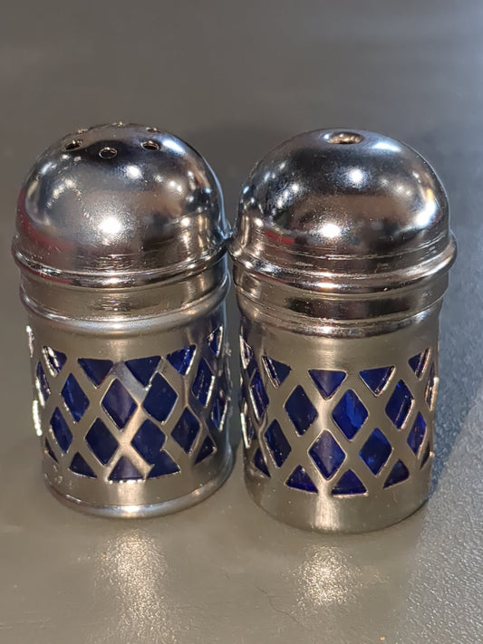 Silver and cobalt Blue glass and metal Lattice Salt and Pepper Shakers