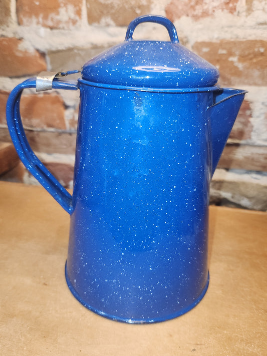 Vintage Enamelware Graniteware Coffee Pot with Lid Blue White Specks ew12
