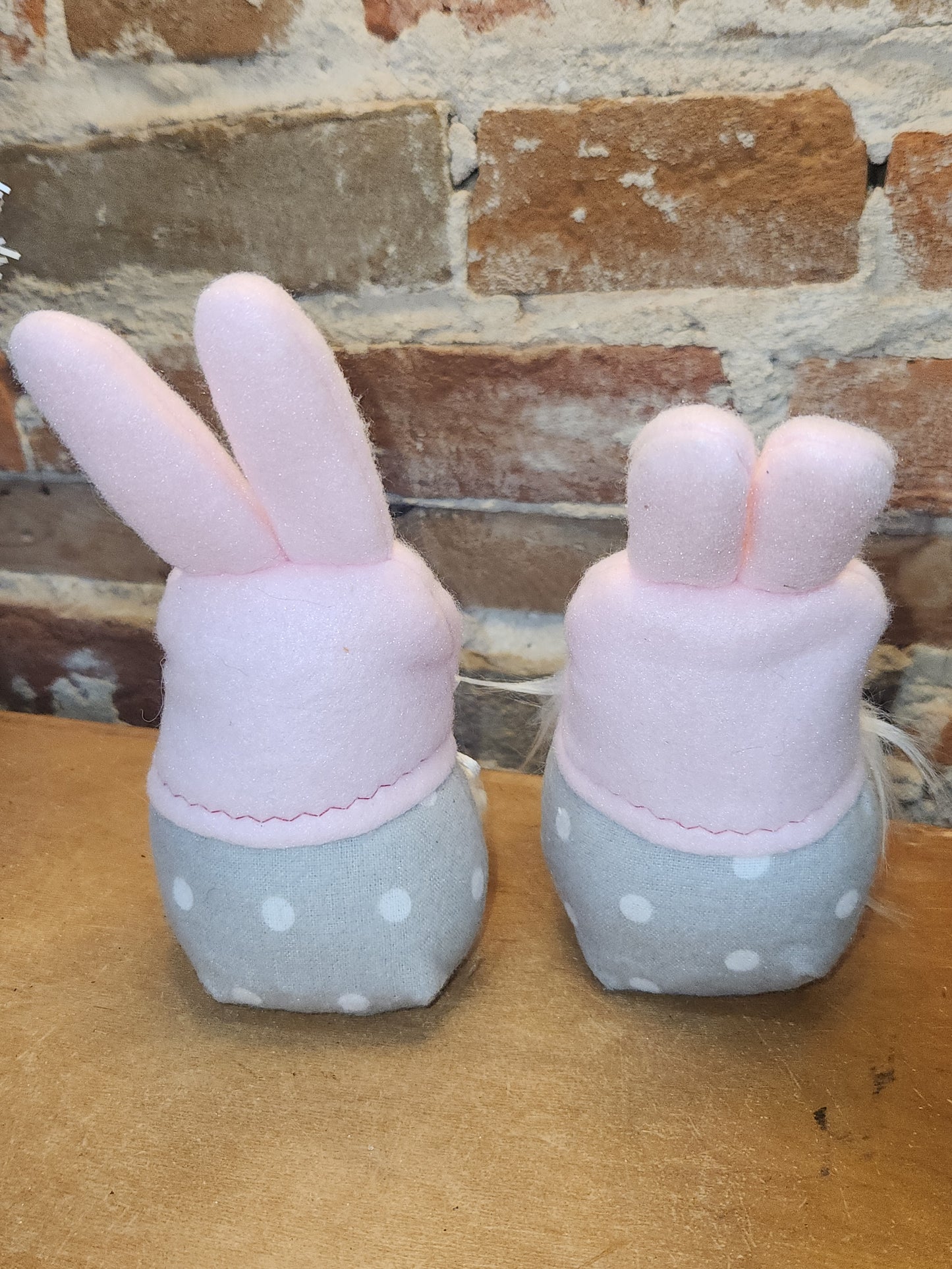 Set of Two 7” Gnomes with Grey Dotted Body, White Beard Pink Bunny Hat gn4