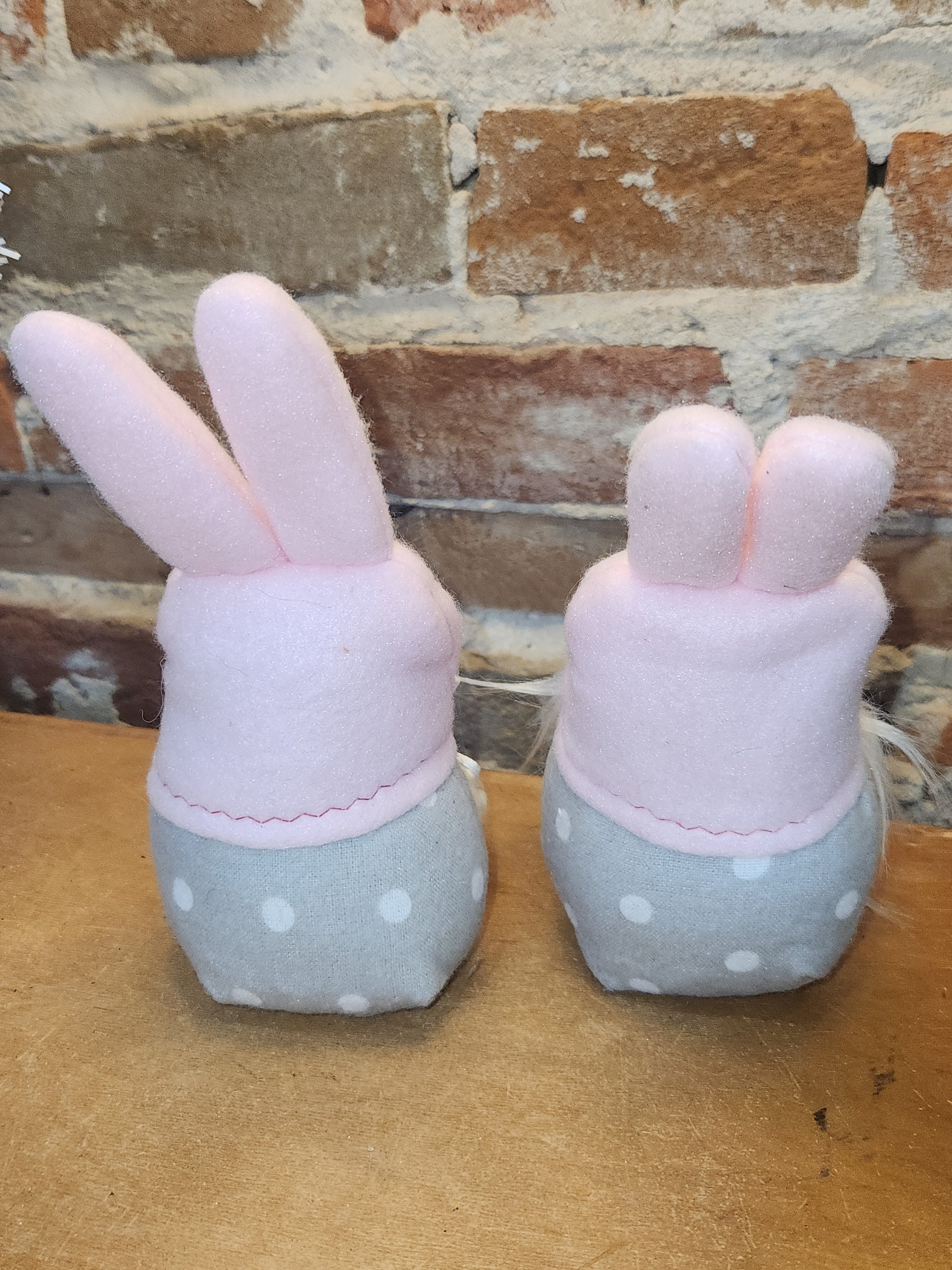 Set of Two 7” Gnomes with Grey Dotted Body, White Beard Pink Bunny Hat gn4