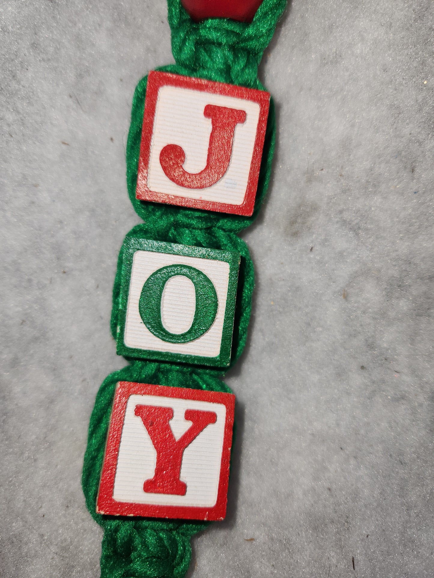 Vintage Handmade Macreme Joy Christmas Wall Door Hanger Wood blocks Wood Beads Old Bell 1970s