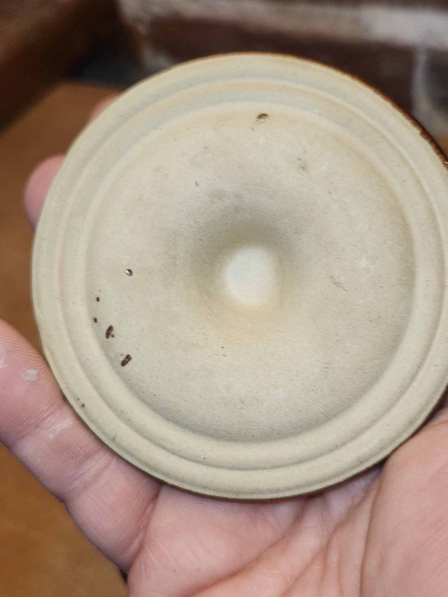 Vintage Small Brown Butter Crock Stoneware Lid and Metal Bail pot53