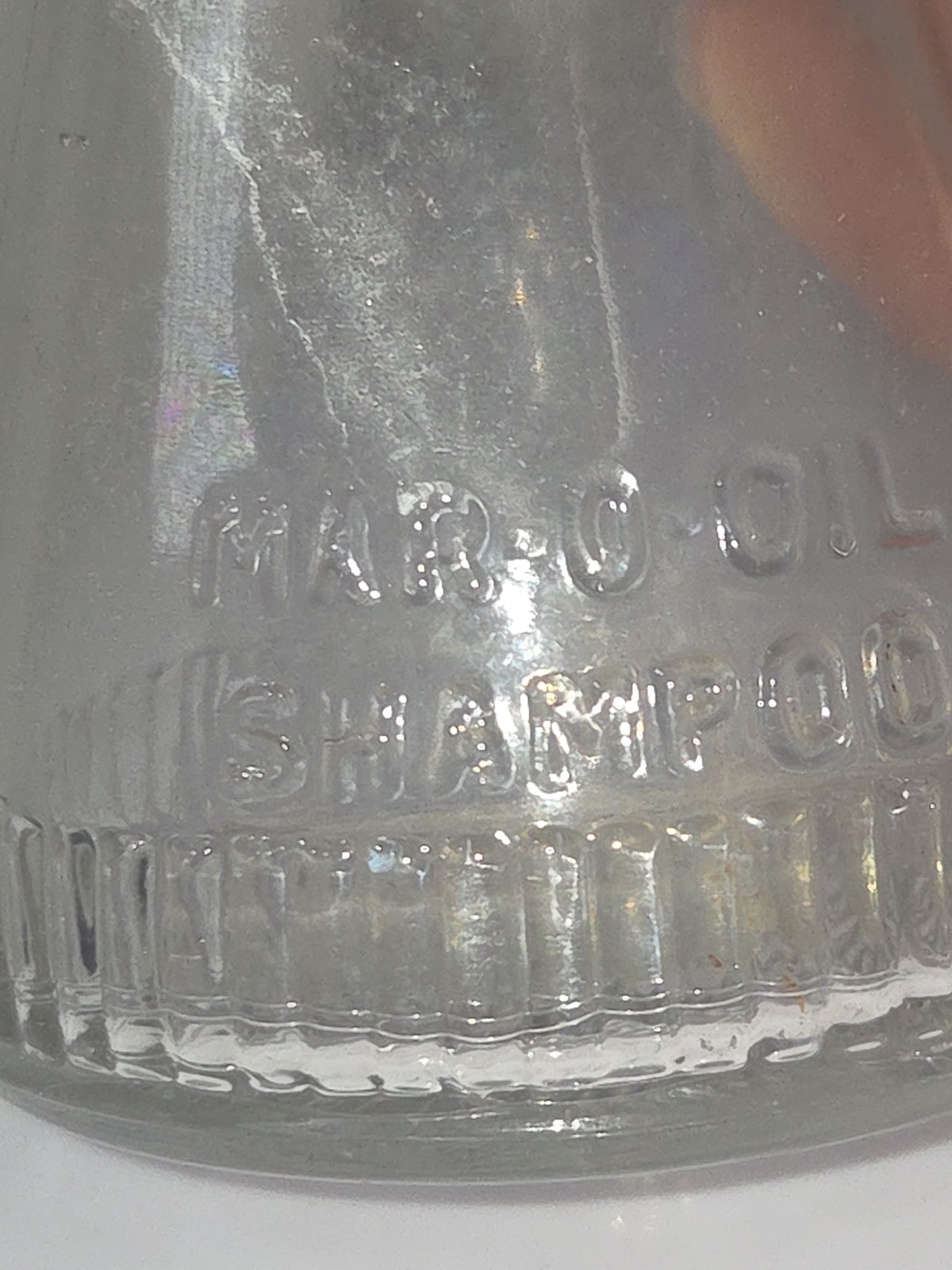 Vintage Empty Marrow's Mar-O-Oil Clear Glass Shampoo Bottle Chicago Ill No Cap vb44