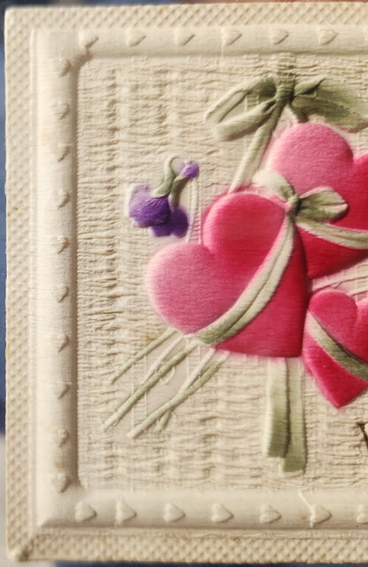Antique Valentine post card Valentine Greeting Embossed Hearts and Violets