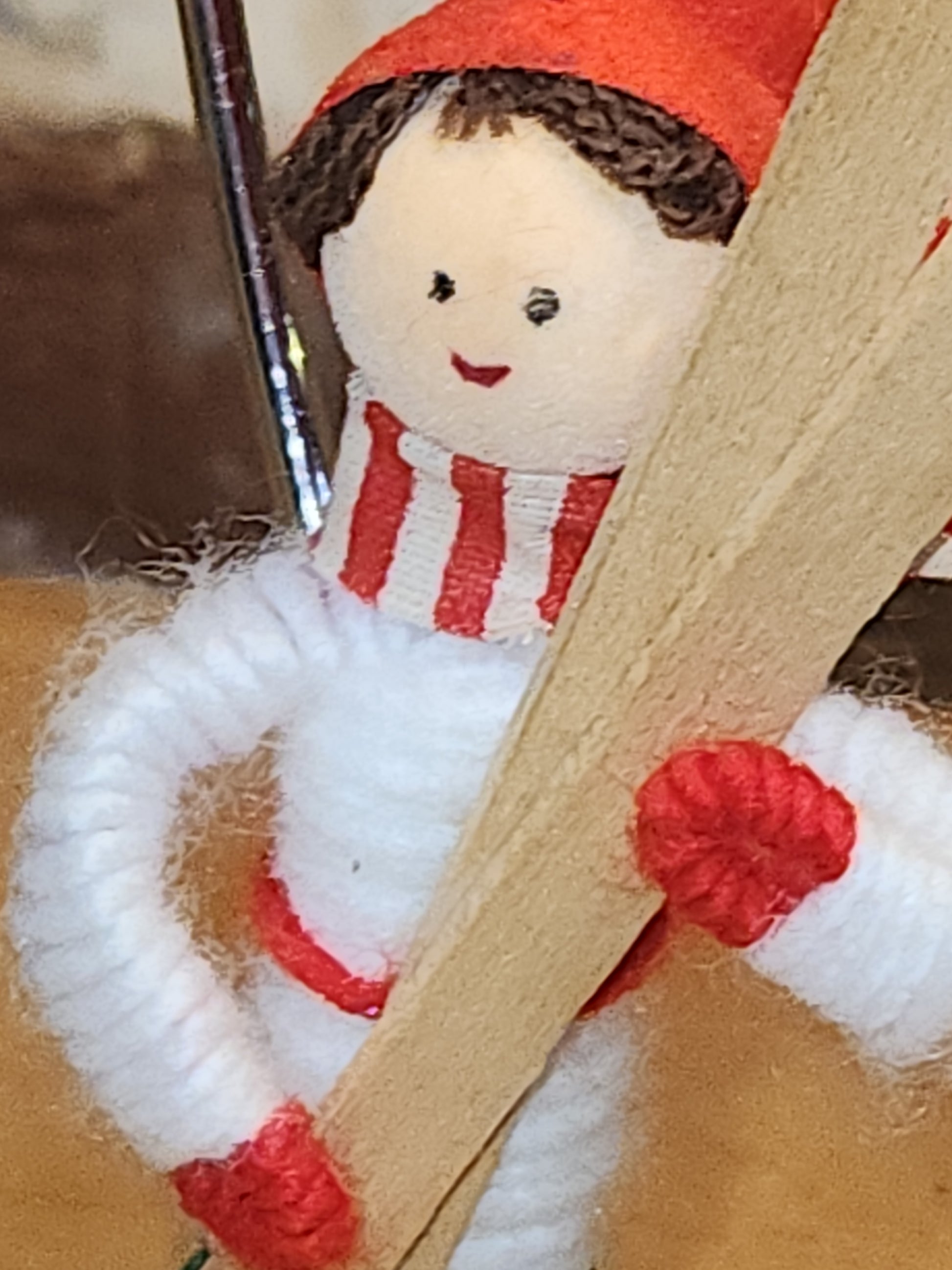 Vintage Fabric & Wood Boy w/Skies Christmas Ornament Germany elf00