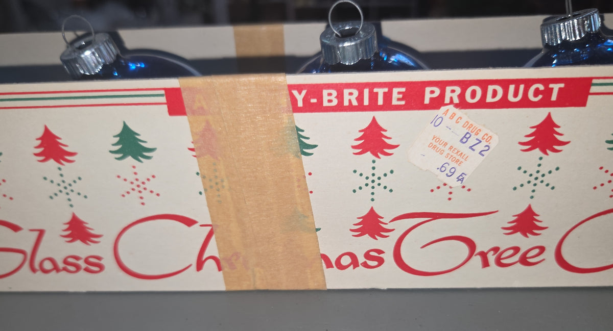 Vintage Shiny Brite Glass Christmas Ornaments Five 3" Blue Shades in Fanci-Pak Box As Is sb10