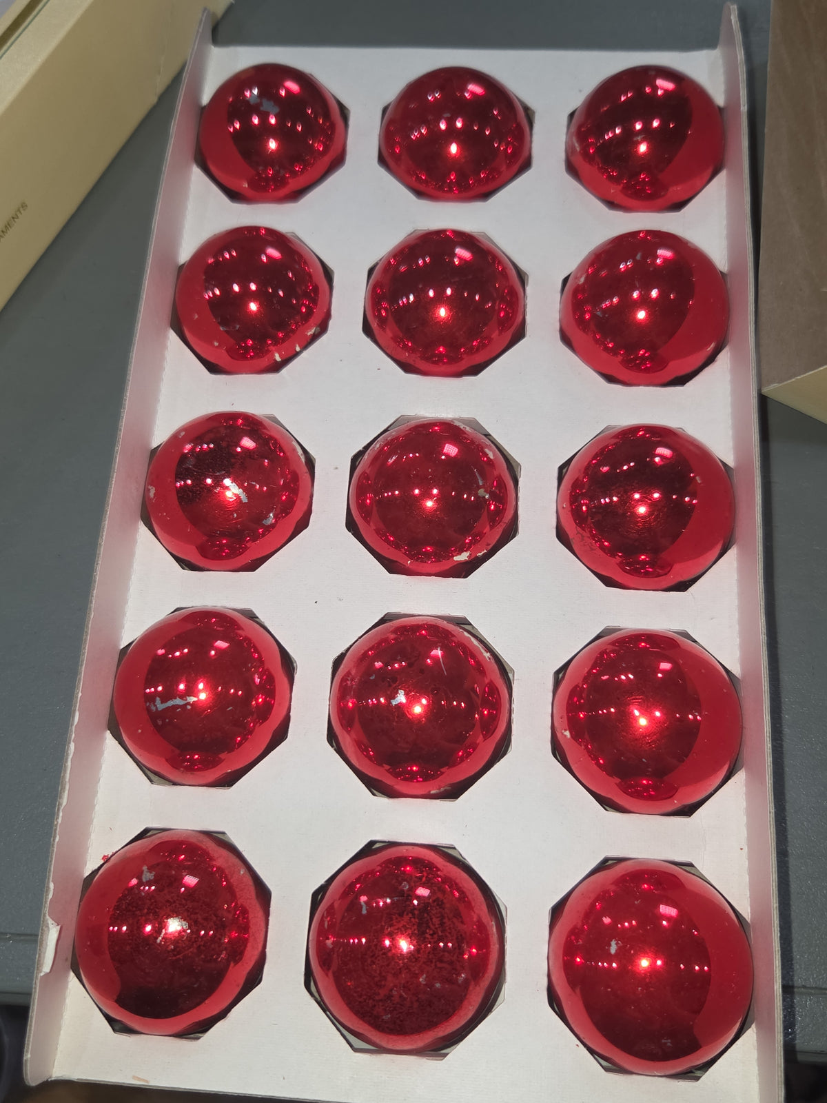 Vintage Pyramid Rauch Glass Ornaments Red 1 3/4" ornaments 2 Boxes 30 Ornaments AS IS Scratched bo87