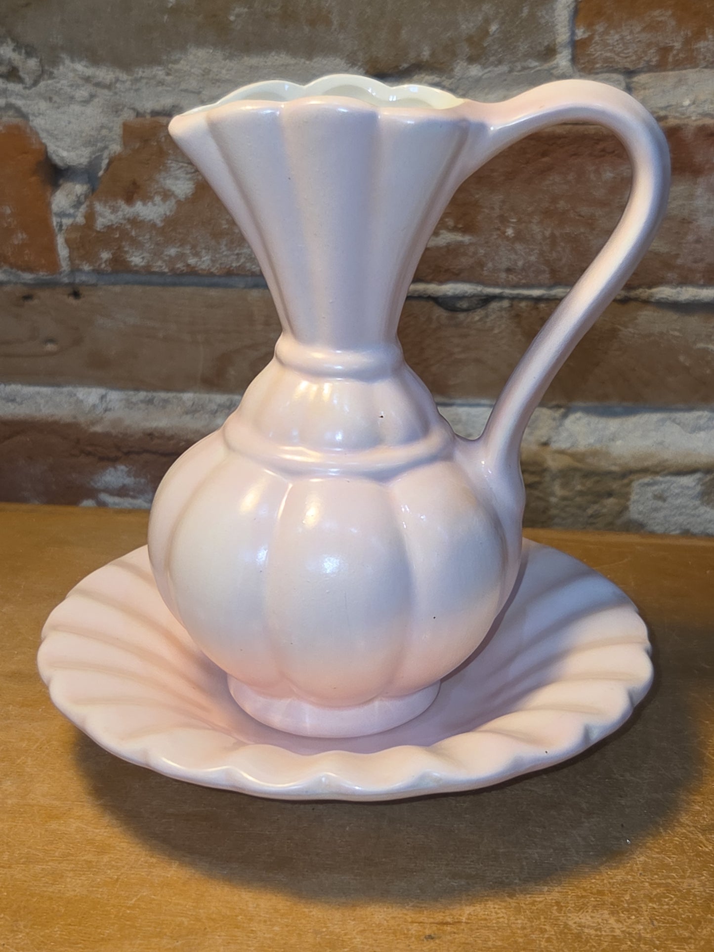 Vintage Ceramic Bisque Pitcher and Bowl 6" Tall Light Pink vp1