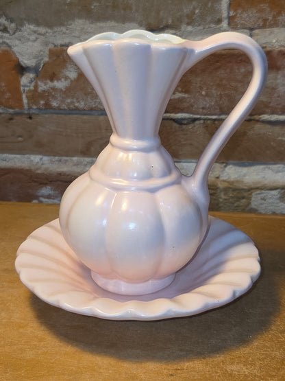Vintage Ceramic Bisque Pitcher and Bowl 6" Tall Light Pink vp1