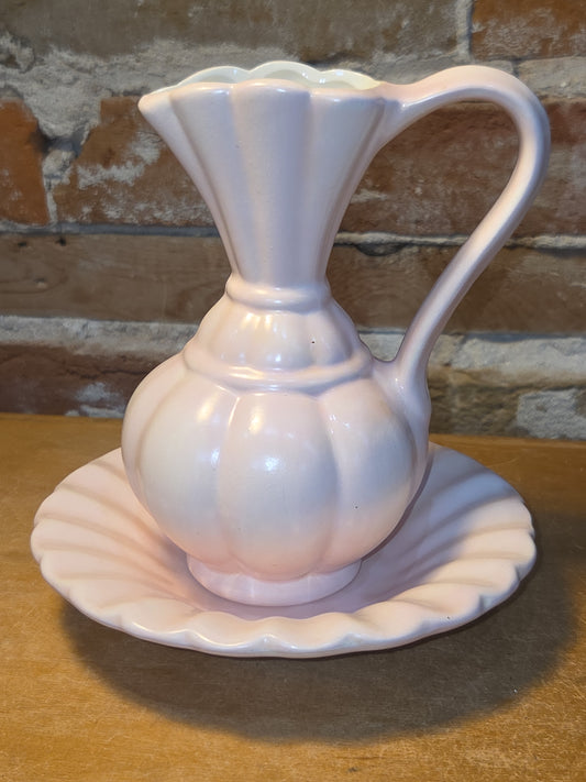 Vintage Ceramic Bisque Pitcher and Bowl 6" Tall Light Pink vp1