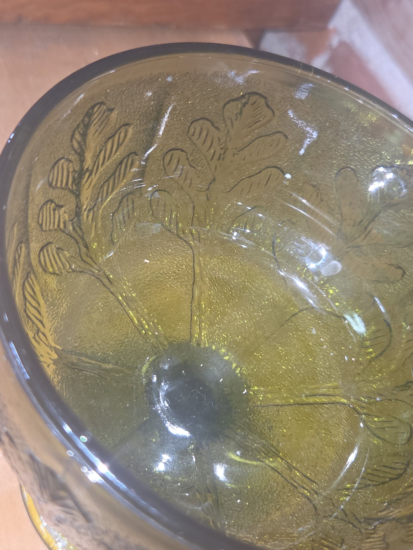 Vintage Vase FTD 1978 Green Glass Goblet Vase with Pedestal Floral Arranging Leaf Pattern Pl78