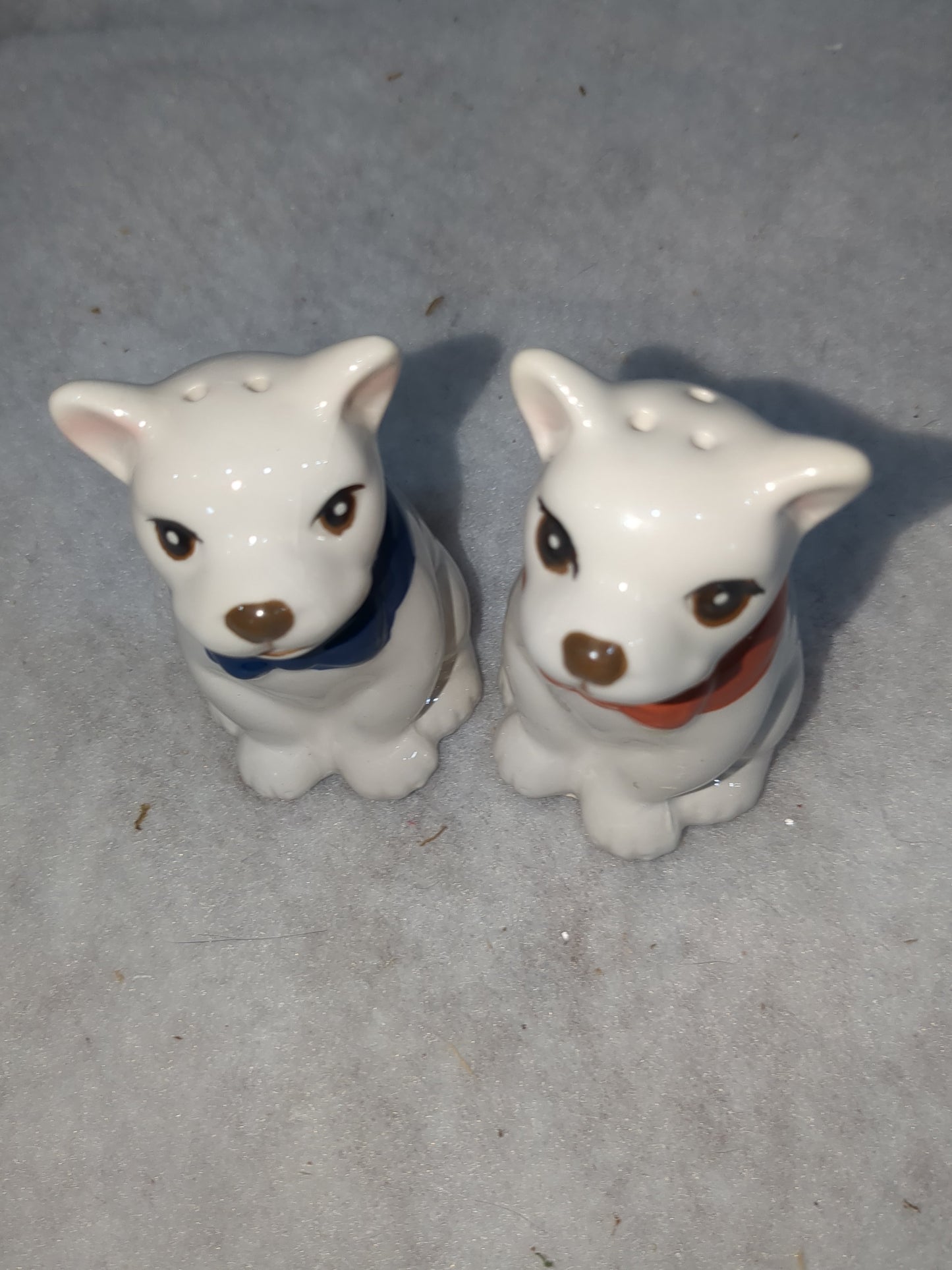 French Bulldog Ceramic Salt and Pepper Shakers Red & Blue Bow Ties Missing One Stopper CLEARANCE