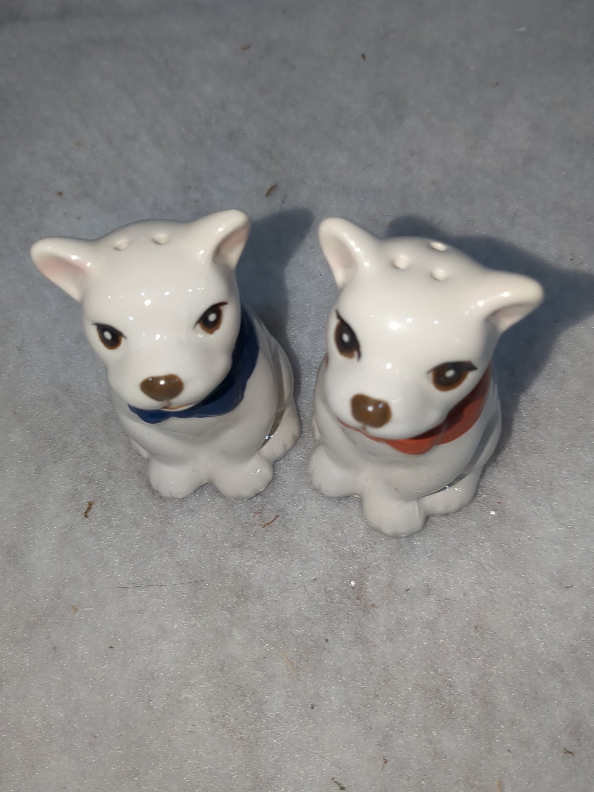 French Bulldog Ceramic Salt and Pepper Shakers Red & Blue Bow Ties Missing One Stopper CLEARANCE