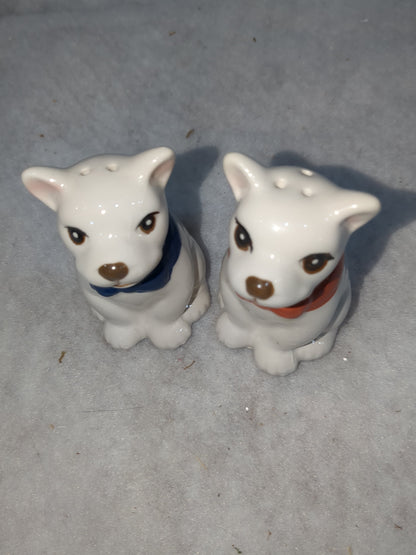 French Bulldog Ceramic Salt and Pepper Shakers Red & Blue Bow Ties Missing One Stopper CLEARANCE