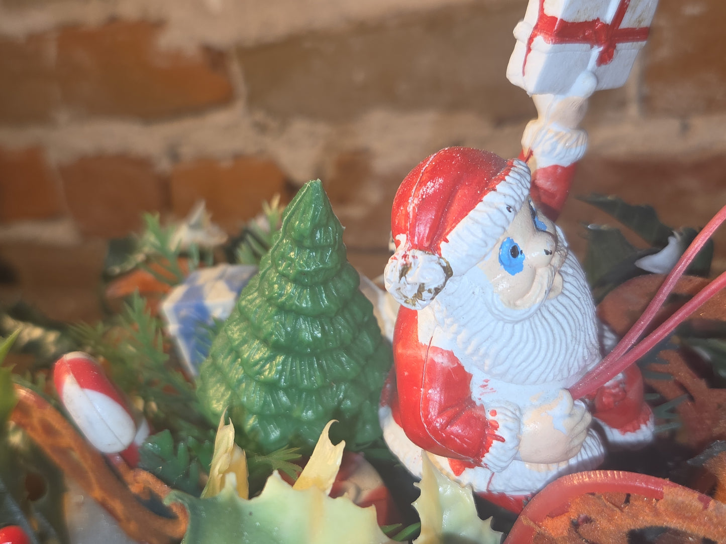 Assemblage With Vintage Blow Mold Santa and Reindeer Flocked Sleigh va98