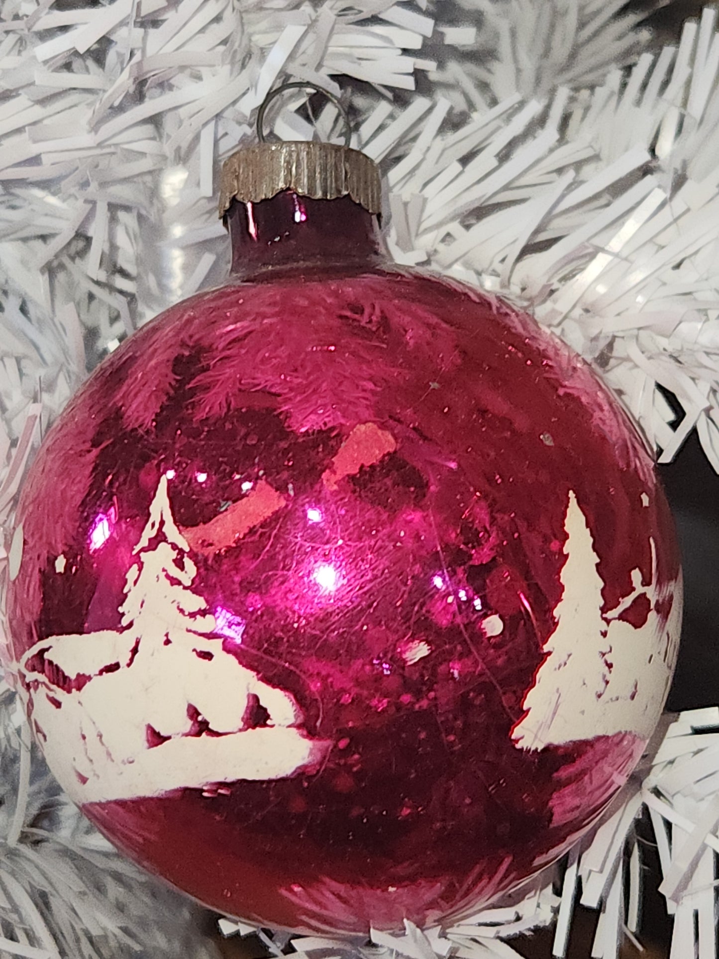 Vintage Shiny Brite Hot Pink Stenciled Church Glass Ornament GLOWS vo17