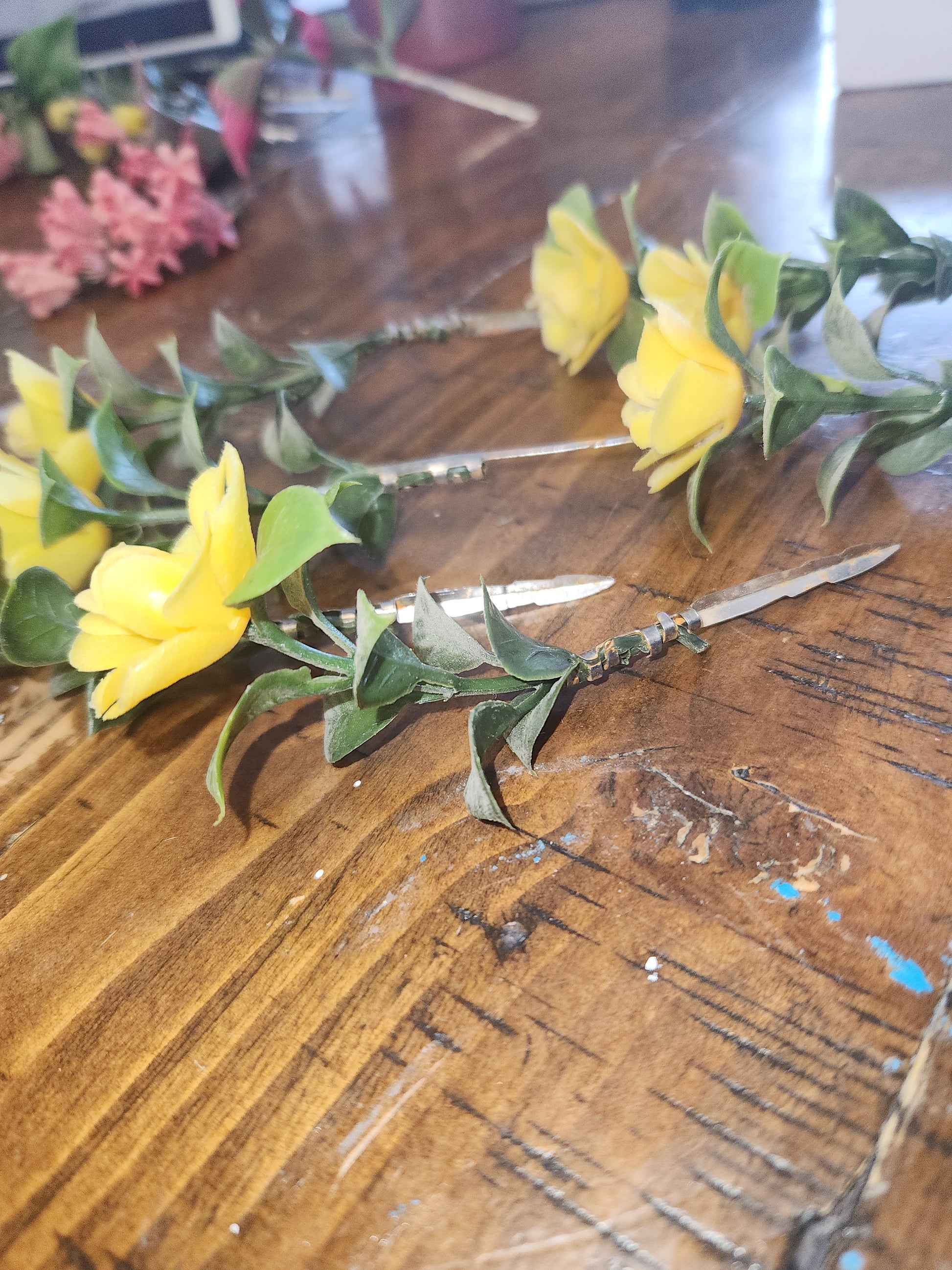 Vintage Plastic Flower Picks with Leaves for Crafting