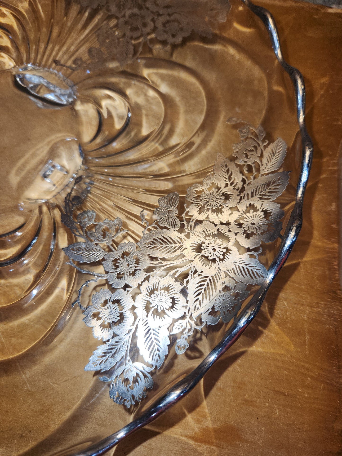 Vintage Cambridge Glass Company Footed Glass Platter with Caprice Pattern With Silver Overlay by Silver City gp8