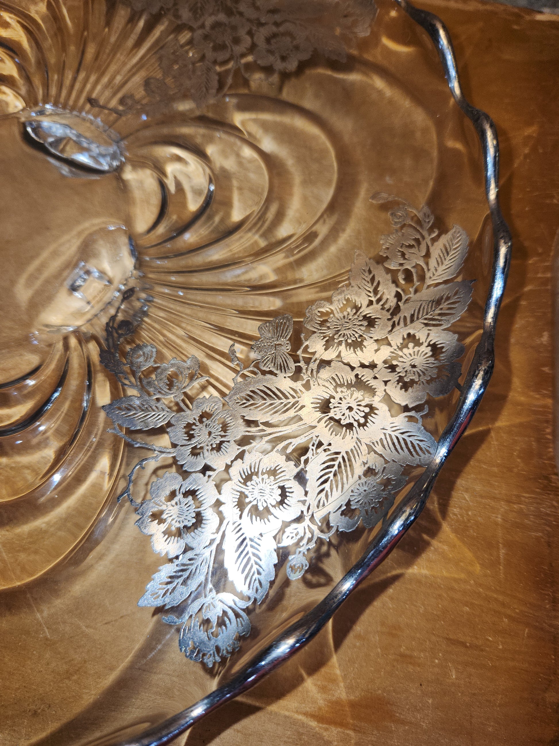 Vintage Cambridge Glass Company Footed Glass Platter with Caprice Pattern With Silver Overlay by Silver City gp8