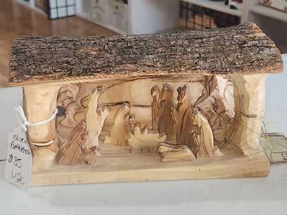Nativity medium Grotto Carved in Olive Wood Branch Made in Bethlehem 4" x 8" n2c
