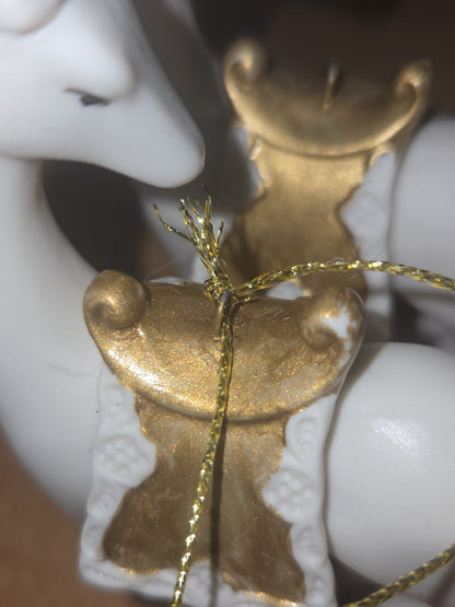 Vintage Living Quarters Bisque Porcelain Ornaments Deer White Gold Christmas Set of 4