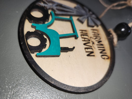 Ornament or car charm memorial memorial with green tractor and windmill