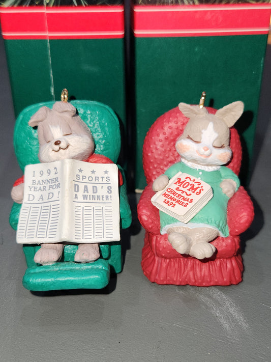 Vintage Hallmark Keepsake Ornament Mom & Dad Rabbit Ornaments 1992 Set of 2