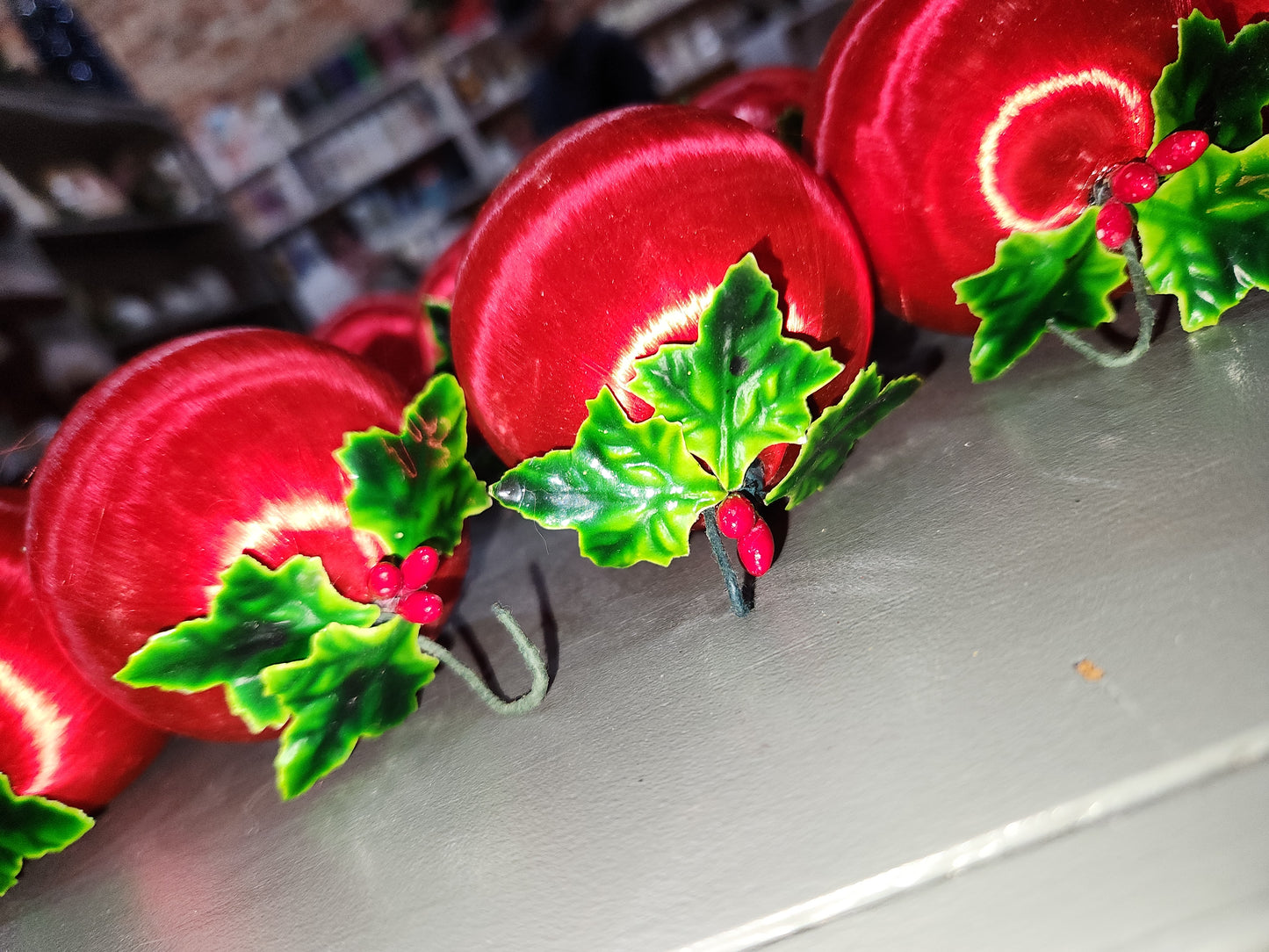 Vintage Red Satin Spun Silk Christmas Ornament 2" Ball With Green Holly Leaf and Green Metal Hanger
