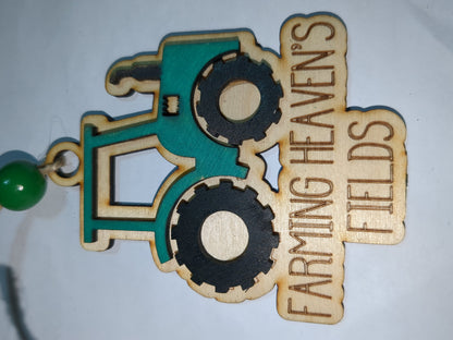 Ornament or car charm memorial green tractor "Farming Heaven's Fields"