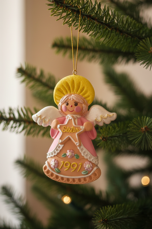 Vintage Hallmark Keepsake ornament Angel Holding gingerbread star Sister written on it 1991 ho92