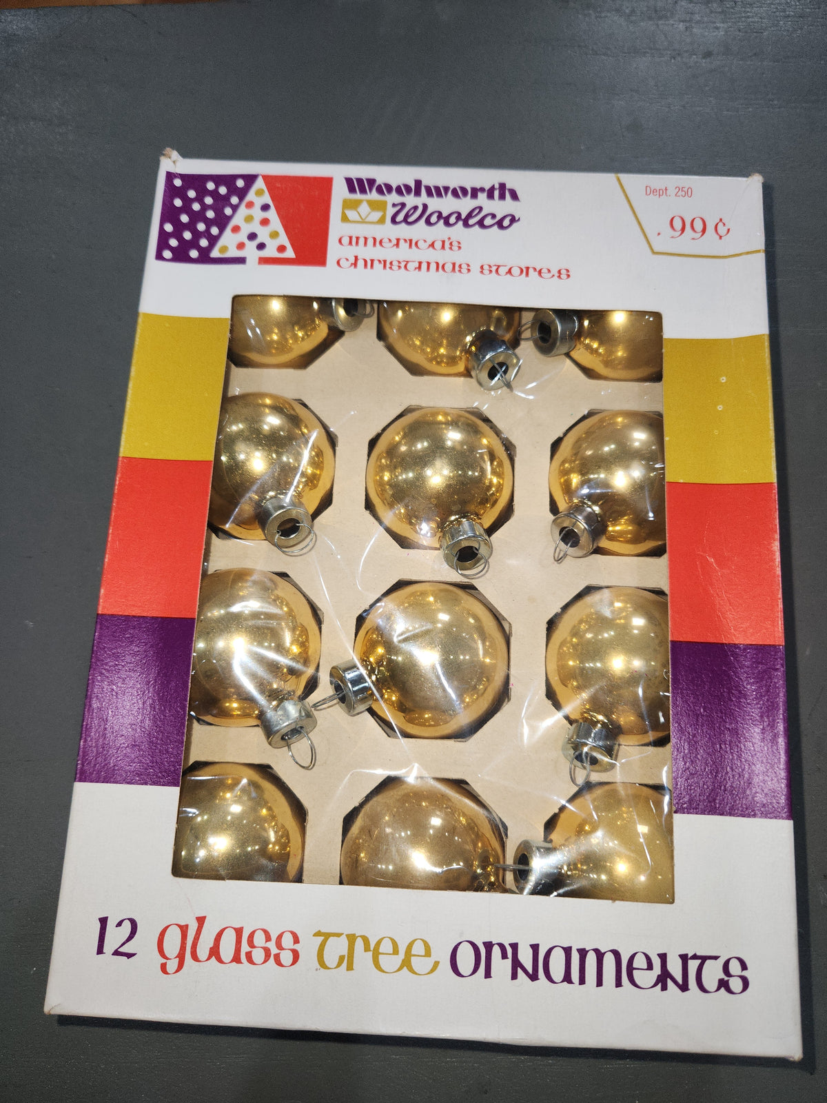 Vintage Woolworth Woolco Box of 12 Glass Ornaments Gold Ornaments BO19
