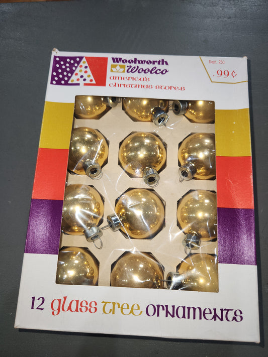 Vintage Woolworth Woolco Box of 12 Glass Ornaments Gold Ornaments BO19