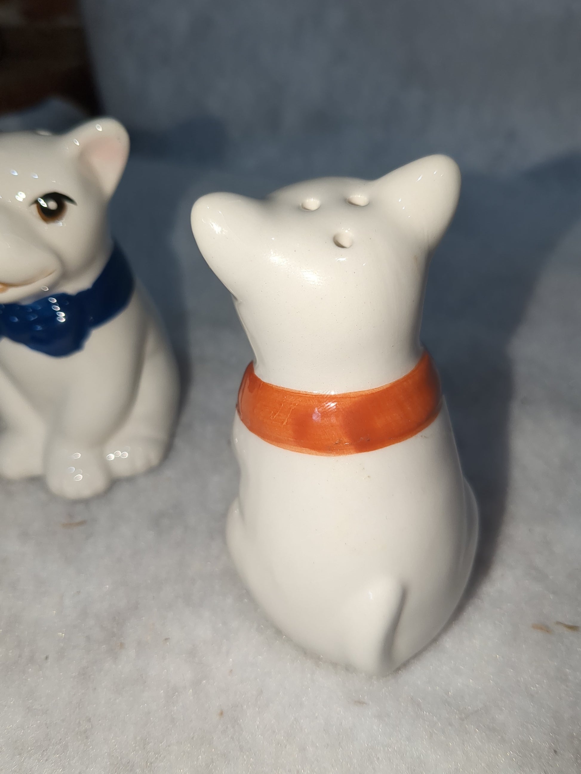 French Bulldog Ceramic Salt and Pepper Shakers Red & Blue Bow Ties Missing One Stopper CLEARANCE